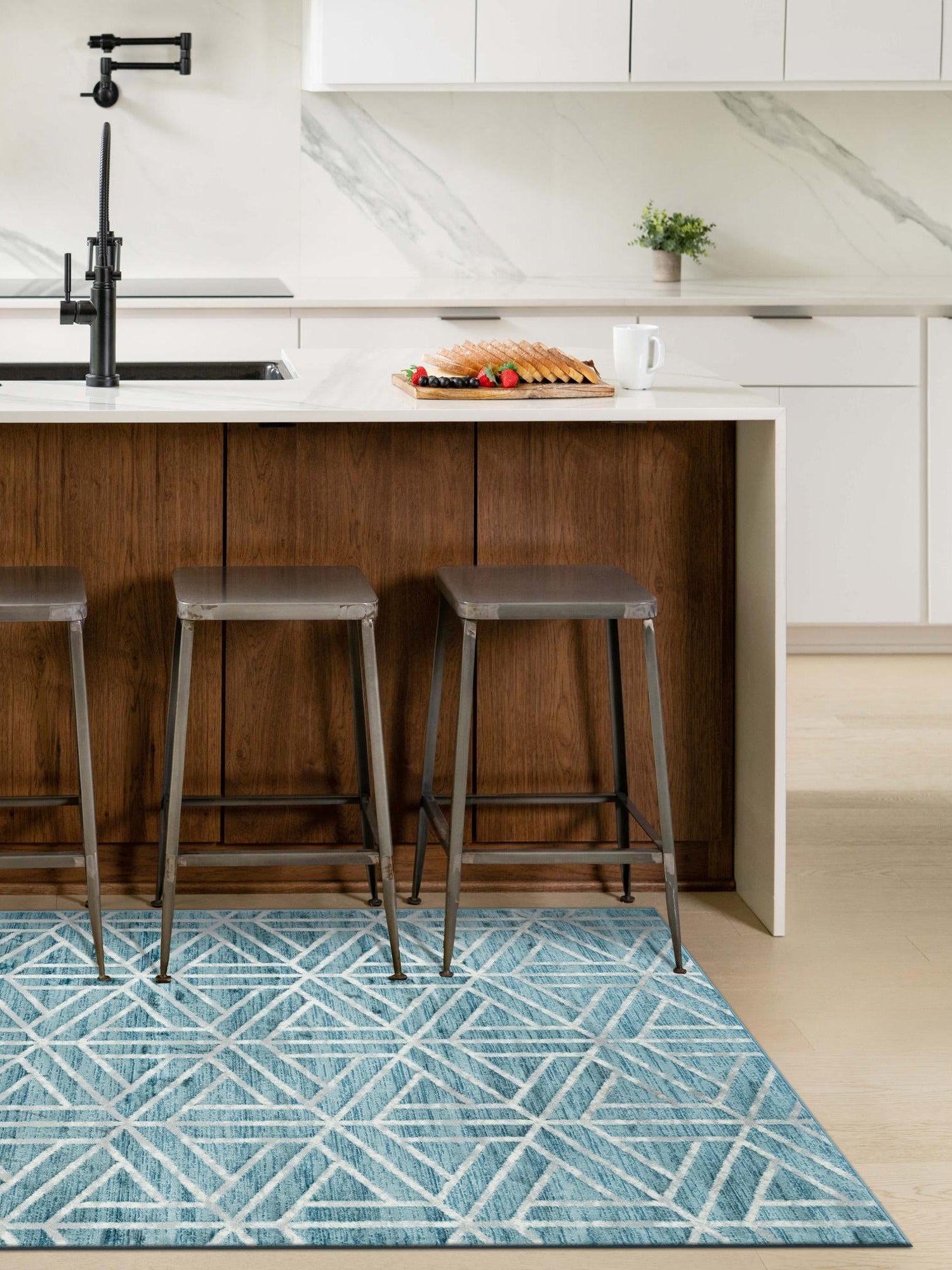 Blue 5' 1 x 8' Matrix Trellis Rectangle Area Rug 100% Polyester Geometric Pattern Modern Carpet for Living, Dining, Bedroom, Office for Sale at Rug Engine