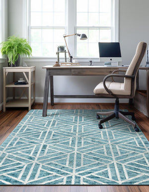Blue 6' 1 x 9' Matrix Trellis Rectangle Area Rug 100% Polyester Geometric Pattern Modern Carpet for Living, Dining, Bedroom, Office for Sale at Rug Engine