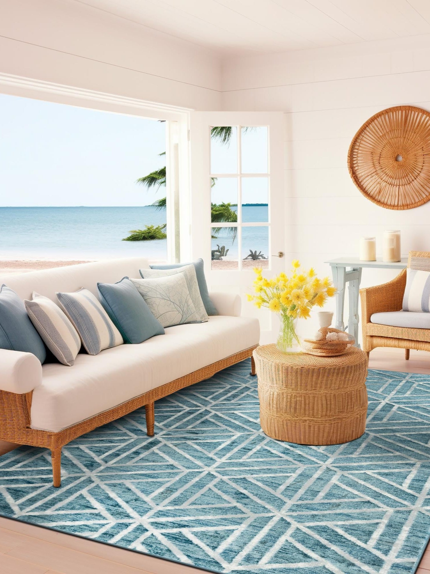 Blue 6' 1 x 9' Matrix Trellis Rectangle Area Rug 100% Polyester Geometric Pattern Modern Carpet for Living, Dining, Bedroom, Office for Sale at Rug Engine