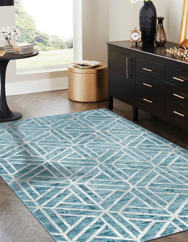 Blue 5' 1 x 8' Matrix Trellis Rectangle Area Rug 100% Polyester Geometric Pattern Modern Carpet for Living, Dining, Bedroom, Office for Sale at Rug Engine