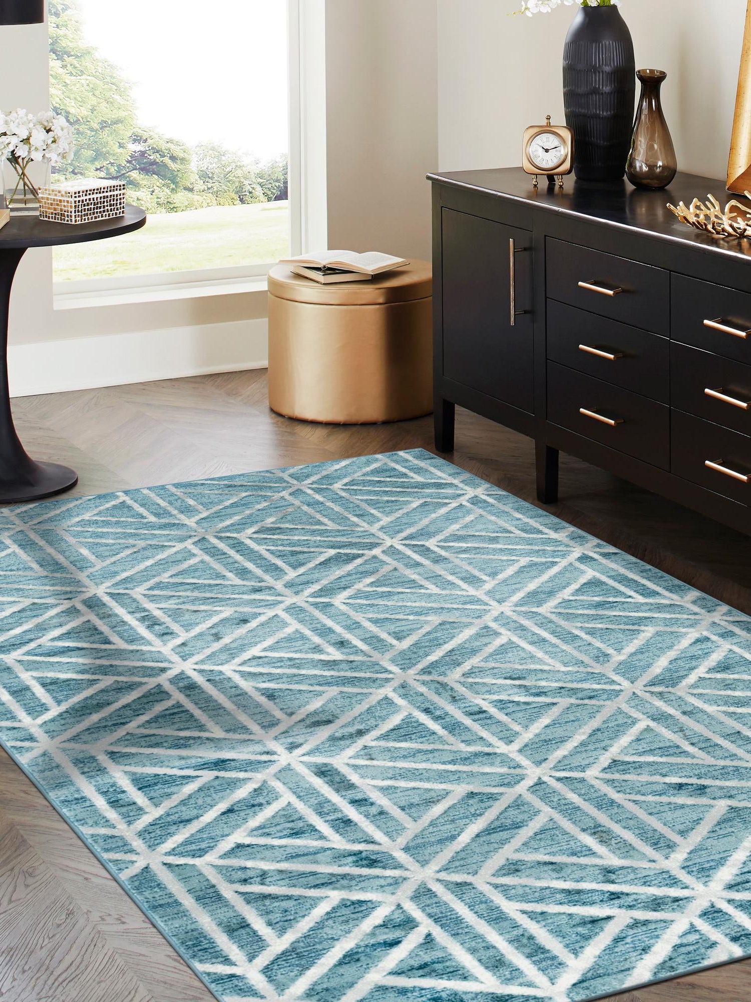 Blue 4' 1 x 6' 1 Matrix Trellis Rectangle Area Rug 100% Polyester Geometric Pattern Modern Carpet for Living, Dining, Bedroom, Office for Sale at Rug Engine