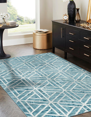 Blue 4' 1 x 6' 1 Matrix Trellis Rectangle Area Rug 100% Polyester Geometric Pattern Modern Carpet for Living, Dining, Bedroom, Office for Sale at Rug Engine