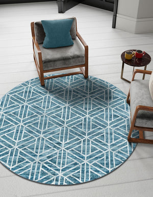 Blue 5' x 5' Matrix Trellis Round Area Rug 100% Polyester Geometric Pattern Modern Carpet for Living, Dining, Bedroom, Office for Sale at Rug Engine