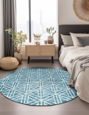Blue 7' x 7' Matrix Trellis Round Area Rug 100% Polyester Geometric Pattern Modern Carpet for Living, Dining, Bedroom, Office for Sale at Rug Engine