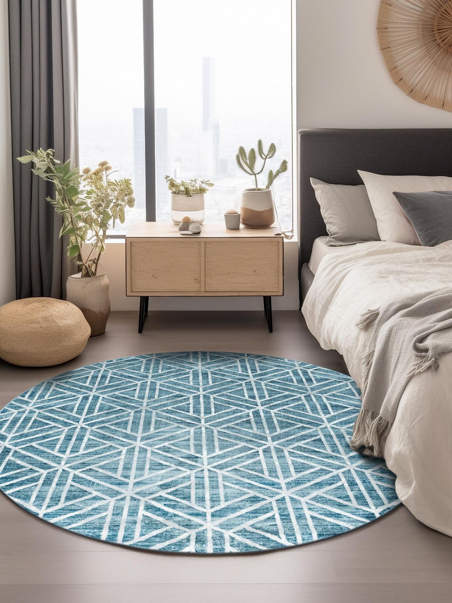 Blue 3' 3 x 3' 3 Matrix Trellis Round Area Rug 100% Polyester Geometric Pattern Modern Carpet for Living, Dining, Bedroom, Office for Sale at Rug Engine