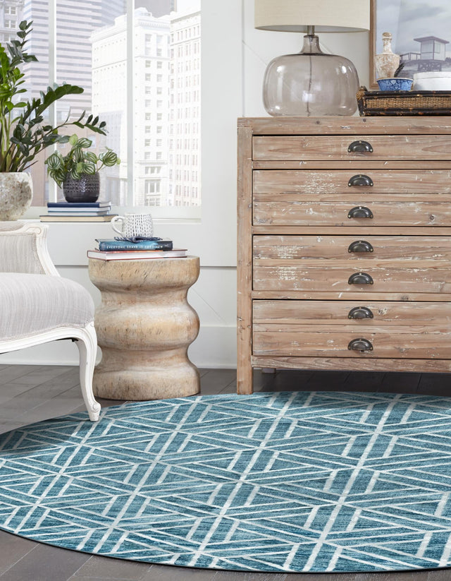 Blue 5' x 5' Matrix Trellis Round Area Rug 100% Polyester Geometric Pattern Modern Carpet for Living, Dining, Bedroom, Office for Sale at Rug Engine