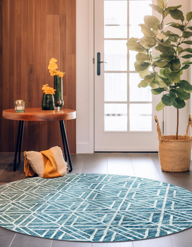 Blue 7' x 7' Matrix Trellis Round Area Rug 100% Polyester Geometric Pattern Modern Carpet for Living, Dining, Bedroom, Office for Sale at Rug Engine