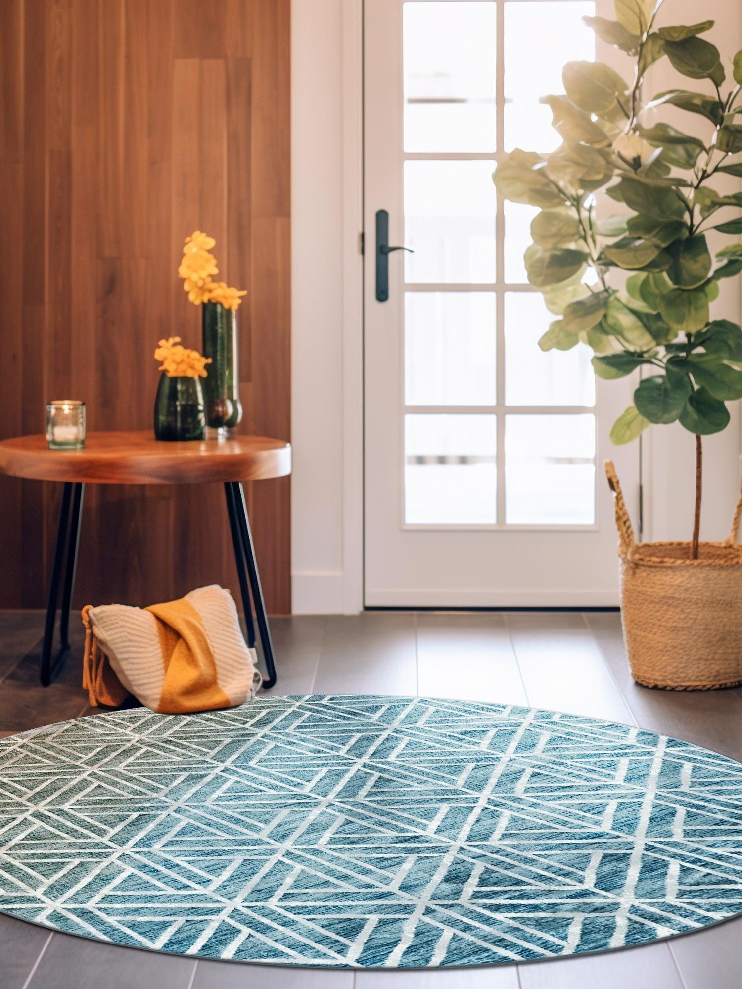 Blue 5' x 5' Matrix Trellis Round Area Rug 100% Polyester Geometric Pattern Modern Carpet for Living, Dining, Bedroom, Office for Sale at Rug Engine