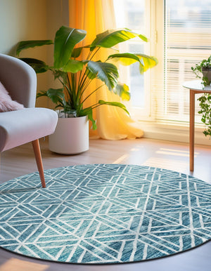 Blue 3' 3 x 3' 3 Matrix Trellis Round Area Rug 100% Polyester Geometric Pattern Modern Carpet for Living, Dining, Bedroom, Office for Sale at Rug Engine