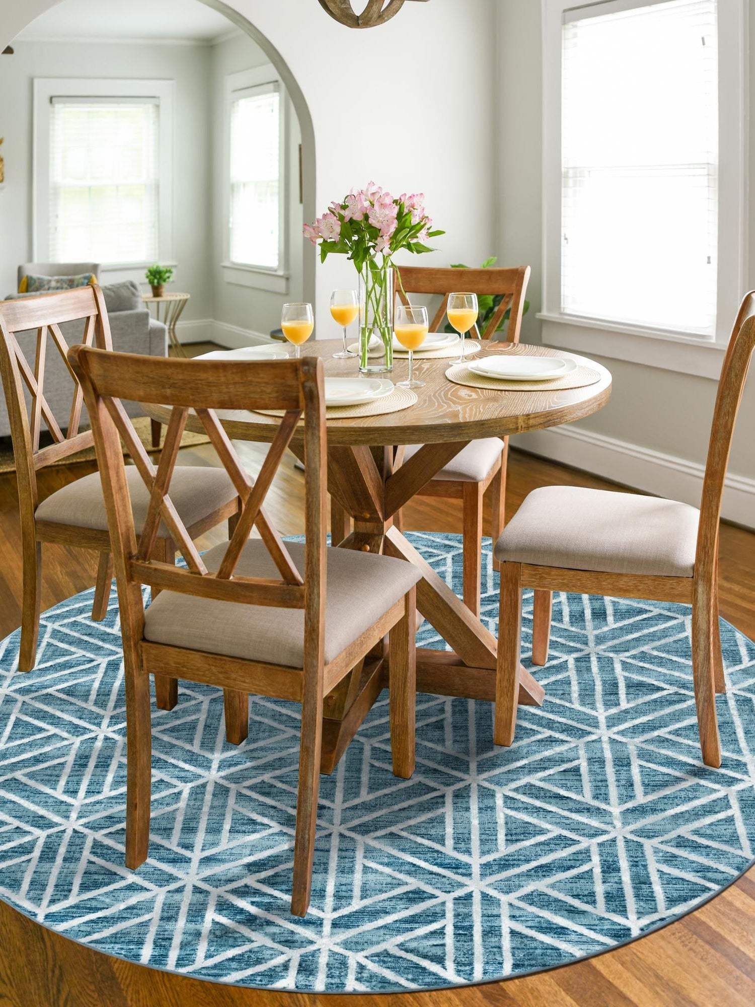Blue 5' x 5' Matrix Trellis Round Area Rug 100% Polyester Geometric Pattern Modern Carpet for Living, Dining, Bedroom, Office for Sale at Rug Engine