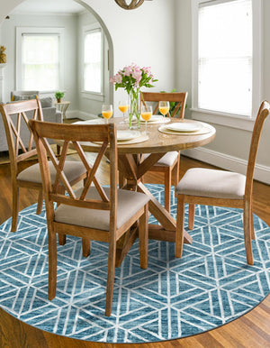 Blue 5' x 5' Matrix Trellis Round Area Rug 100% Polyester Geometric Pattern Modern Carpet for Living, Dining, Bedroom, Office for Sale at Rug Engine