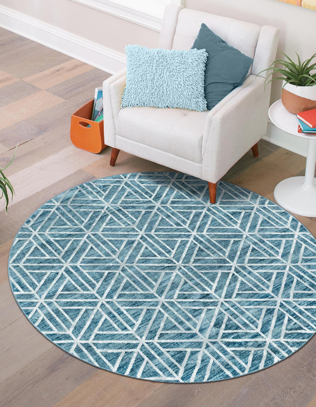 Blue 3' 3 x 3' 3 Matrix Trellis Round Area Rug 100% Polyester Geometric Pattern Modern Carpet for Living, Dining, Bedroom, Office for Sale at Rug Engine