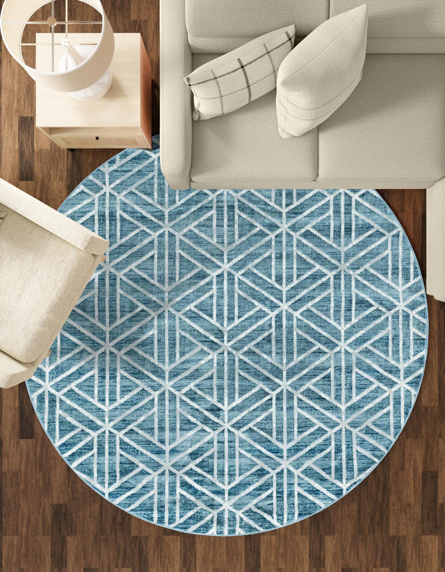 Blue 5' x 5' Matrix Trellis Round Area Rug 100% Polyester Geometric Pattern Modern Carpet for Living, Dining, Bedroom, Office for Sale at Rug Engine
