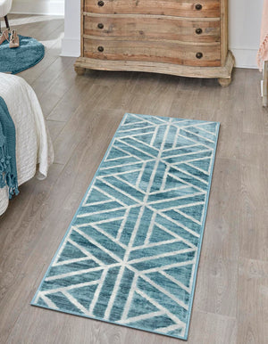 Blue 2' x 6' 1 Matrix Trellis Runner Area Rug 100% Polyester Geometric Pattern Modern Carpet for Living, Dining, Bedroom, Office for Sale at Rug Engine
