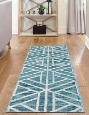 Blue 3' x 10' Matrix Trellis Runner Area Rug 100% Polyester Geometric Pattern Modern Carpet for Living, Dining, Bedroom, Office for Sale at Rug Engine