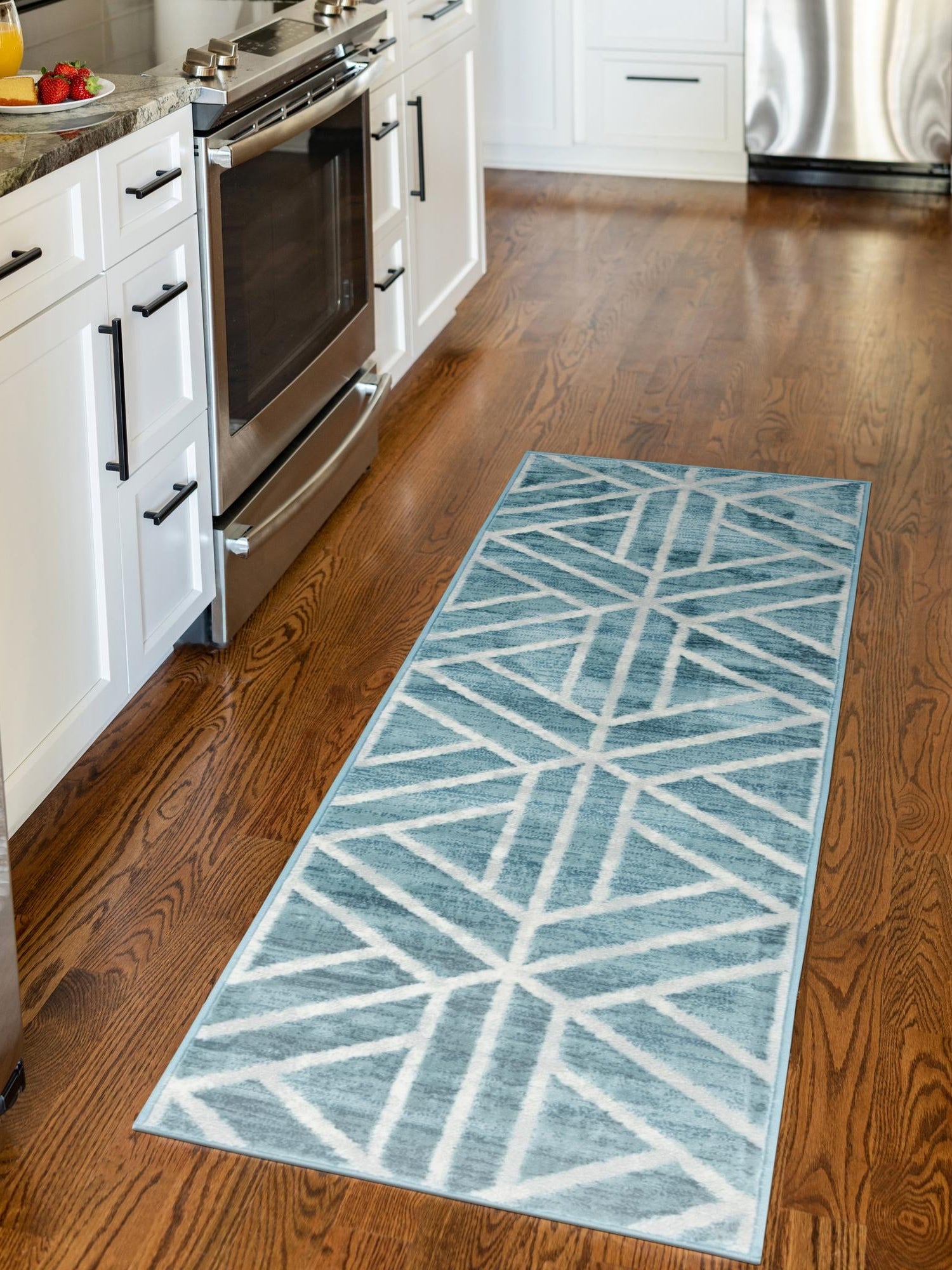 Blue 2' 7 x 13' Matrix Trellis Runner Area Rug 100% Polyester Geometric Pattern Modern Carpet for Living, Dining, Bedroom, Office for Sale at Rug Engine