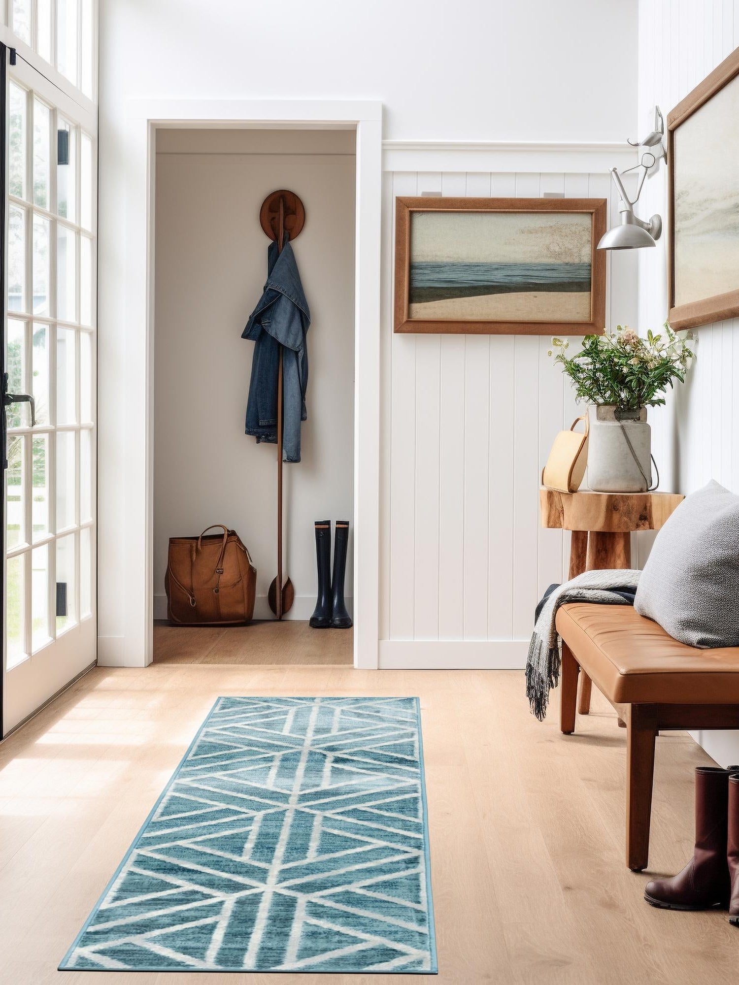 Blue 2' 7 x 16' 5 Matrix Trellis Runner Area Rug 100% Polyester Geometric Pattern Modern Carpet for Living, Dining, Bedroom, Office for Sale at Rug Engine