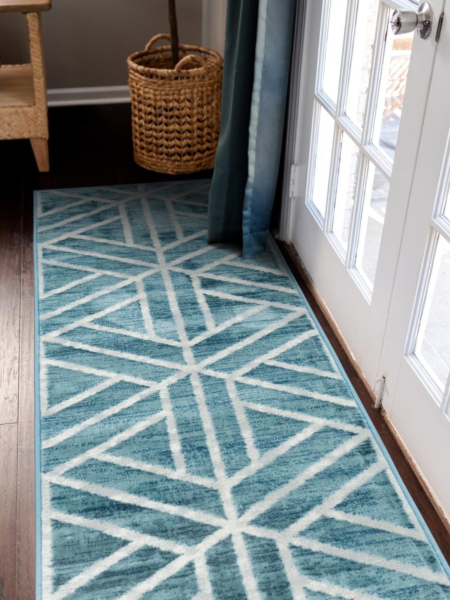 Blue 3' x 10' Matrix Trellis Runner Area Rug 100% Polyester Geometric Pattern Modern Carpet for Living, Dining, Bedroom, Office for Sale at Rug Engine