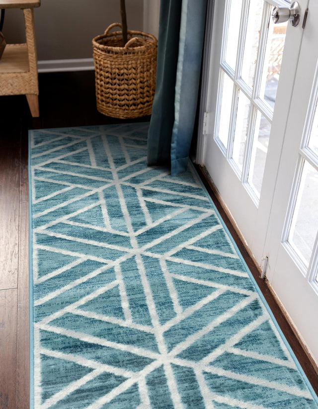 Blue 2' x 6' 1 Matrix Trellis Runner Area Rug 100% Polyester Geometric Pattern Modern Carpet for Living, Dining, Bedroom, Office for Sale at Rug Engine