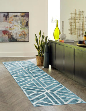 Blue 3' x 10' Matrix Trellis Runner Area Rug 100% Polyester Geometric Pattern Modern Carpet for Living, Dining, Bedroom, Office for Sale at Rug Engine
