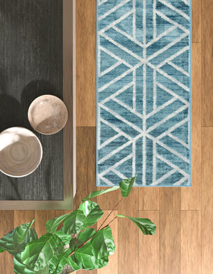 Blue 3' x 10' Matrix Trellis Runner Area Rug 100% Polyester Geometric Pattern Modern Carpet for Living, Dining, Bedroom, Office for Sale at Rug Engine