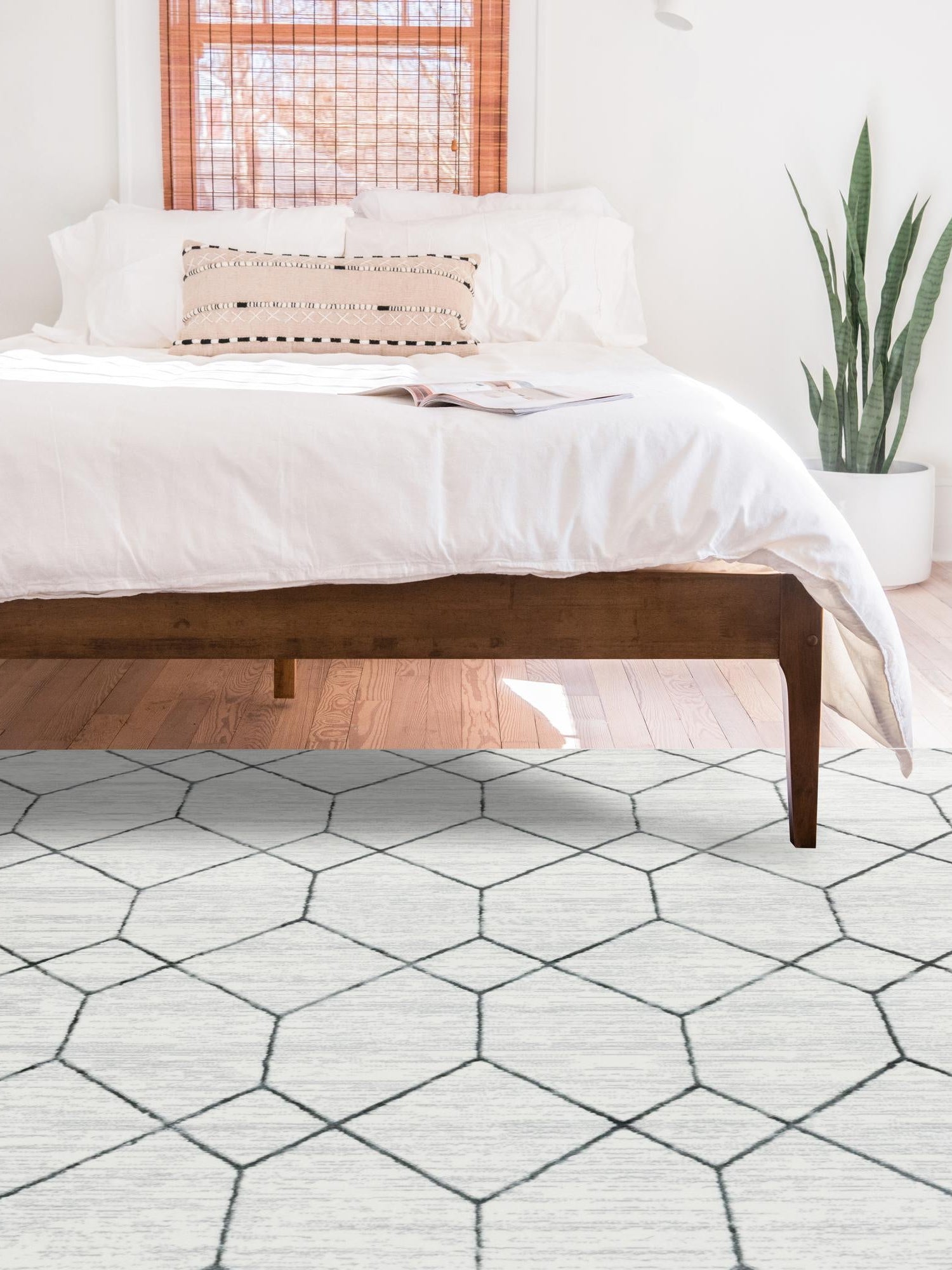 White 5' x 8' Matrix Trellis Rectangle Area Rug 100% Polyester Geometric Pattern Modern Carpet for Living, Dining, Bedroom, Office for Sale at Rug Engine