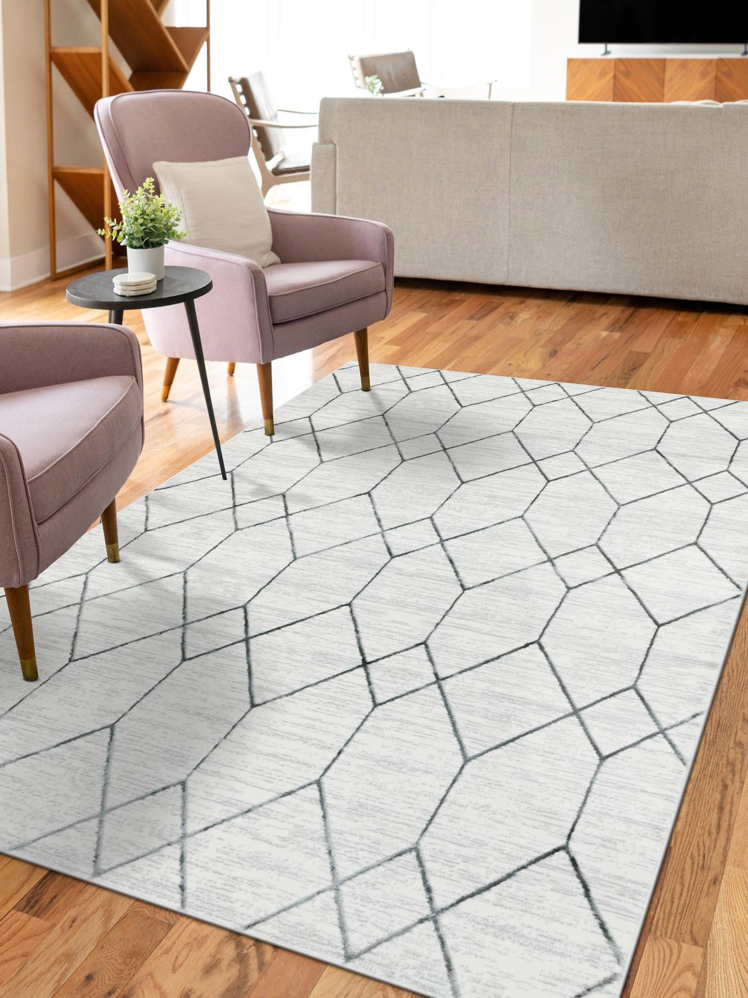 White 4' 1 x 6' 1 Matrix Trellis Rectangle Area Rug 100% Polyester Geometric Pattern Modern Carpet for Living, Dining, Bedroom, Office for Sale at Rug Engine