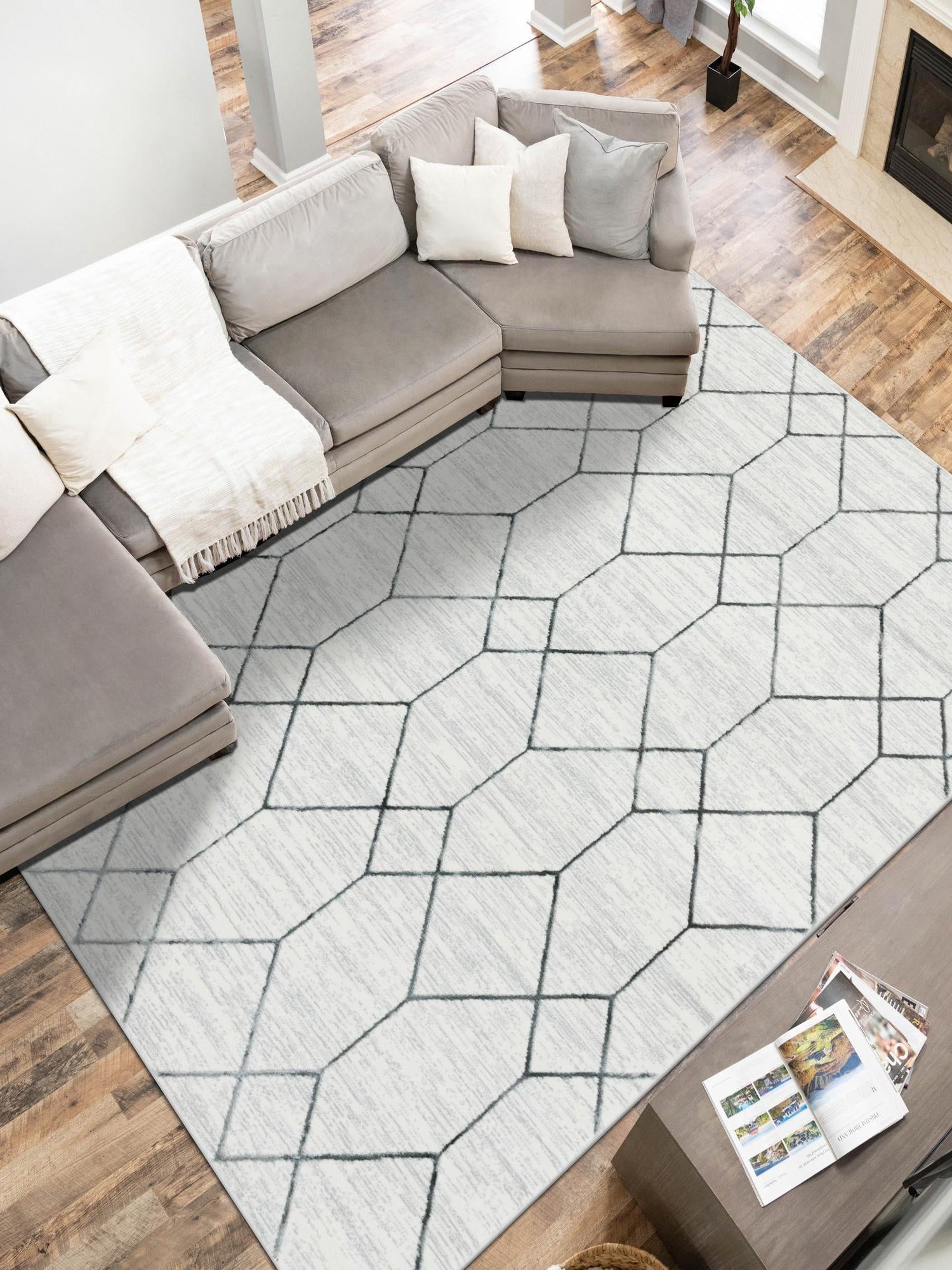 White 6' x 9' Matrix Trellis Rectangle Area Rug 100% Polyester Geometric Pattern Modern Carpet for Living, Dining, Bedroom, Office for Sale at Rug Engine