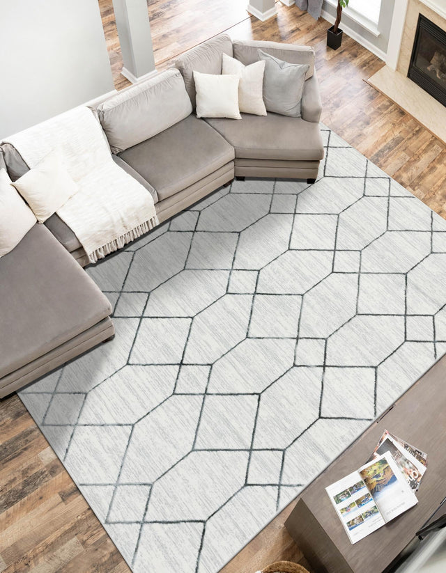 White 5' x 8' Matrix Trellis Rectangle Area Rug 100% Polyester Geometric Pattern Modern Carpet for Living, Dining, Bedroom, Office for Sale at Rug Engine
