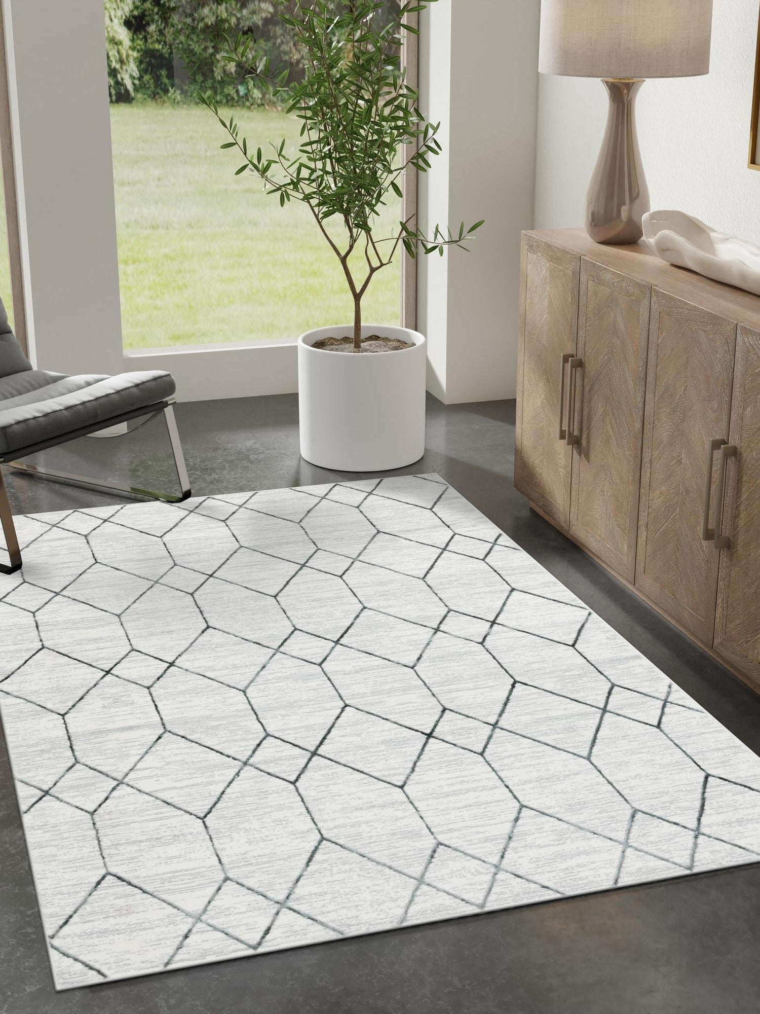 White 4' 1 x 6' 1 Matrix Trellis Rectangle Area Rug 100% Polyester Geometric Pattern Modern Carpet for Living, Dining, Bedroom, Office for Sale at Rug Engine