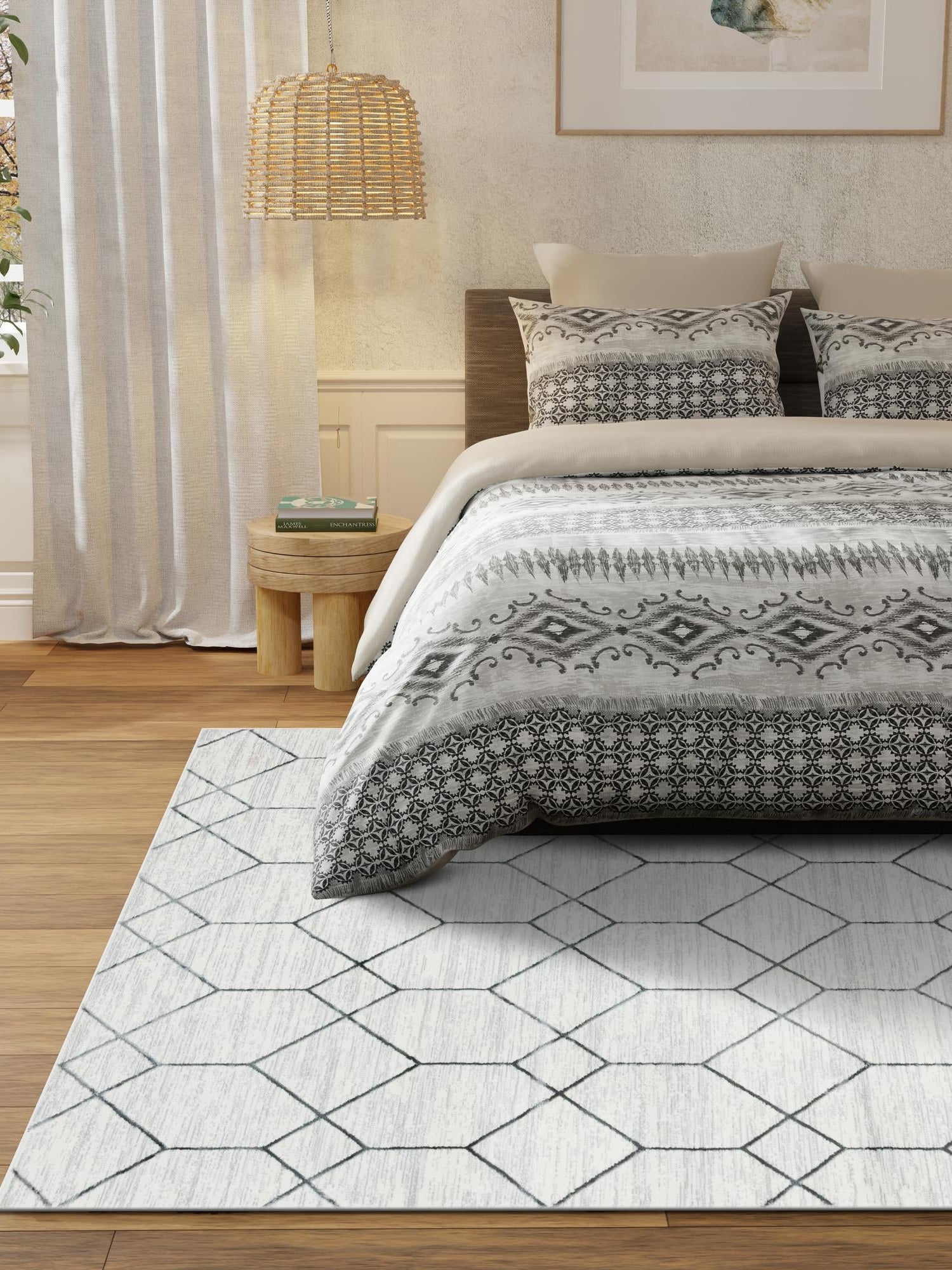 White 3' 3 x 5' 3 Matrix Trellis Rectangle Area Rug 100% Polyester Geometric Pattern Modern Carpet for Living, Dining, Bedroom, Office for Sale at Rug Engine