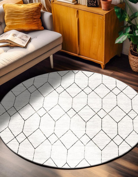 White 8' x 8' Matrix Trellis Round Area Rug 100% Polyester Geometric Pattern Modern Carpet for Living, Dining, Bedroom, Office for Sale at Rug Engine