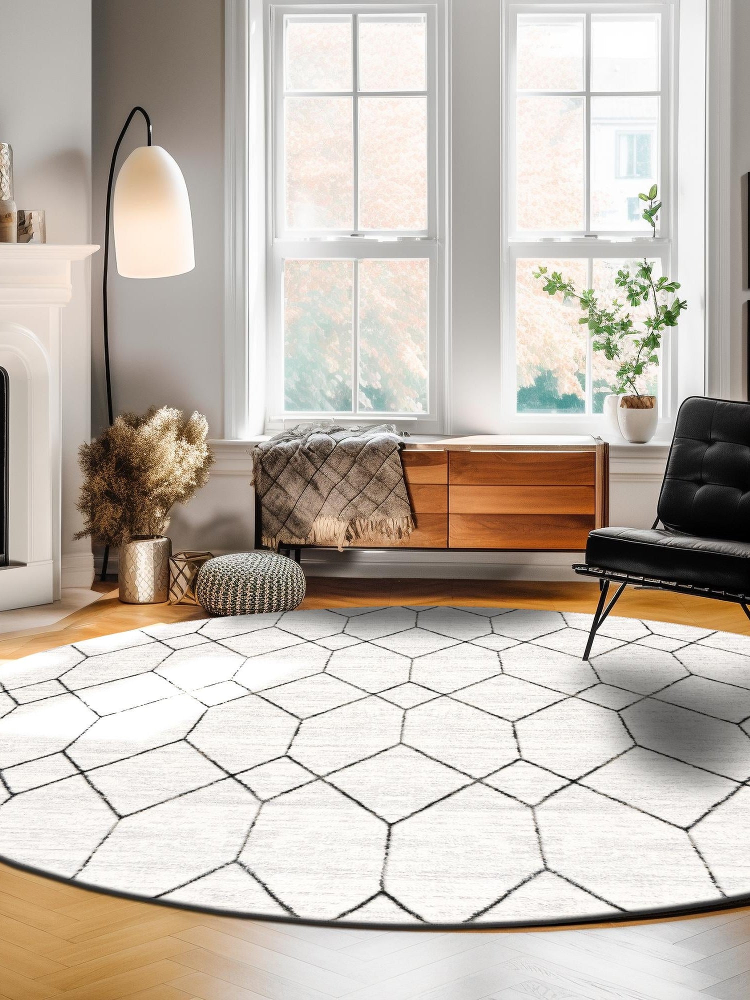 White 5' 1 x 5' 1 Matrix Trellis Round Area Rug 100% Polyester Geometric Pattern Modern Carpet for Living, Dining, Bedroom, Office for Sale at Rug Engine