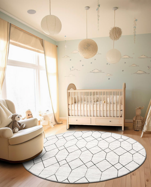 White 5' 1 x 5' 1 Matrix Trellis Round Area Rug 100% Polyester Geometric Pattern Modern Carpet for Living, Dining, Bedroom, Office for Sale at Rug Engine