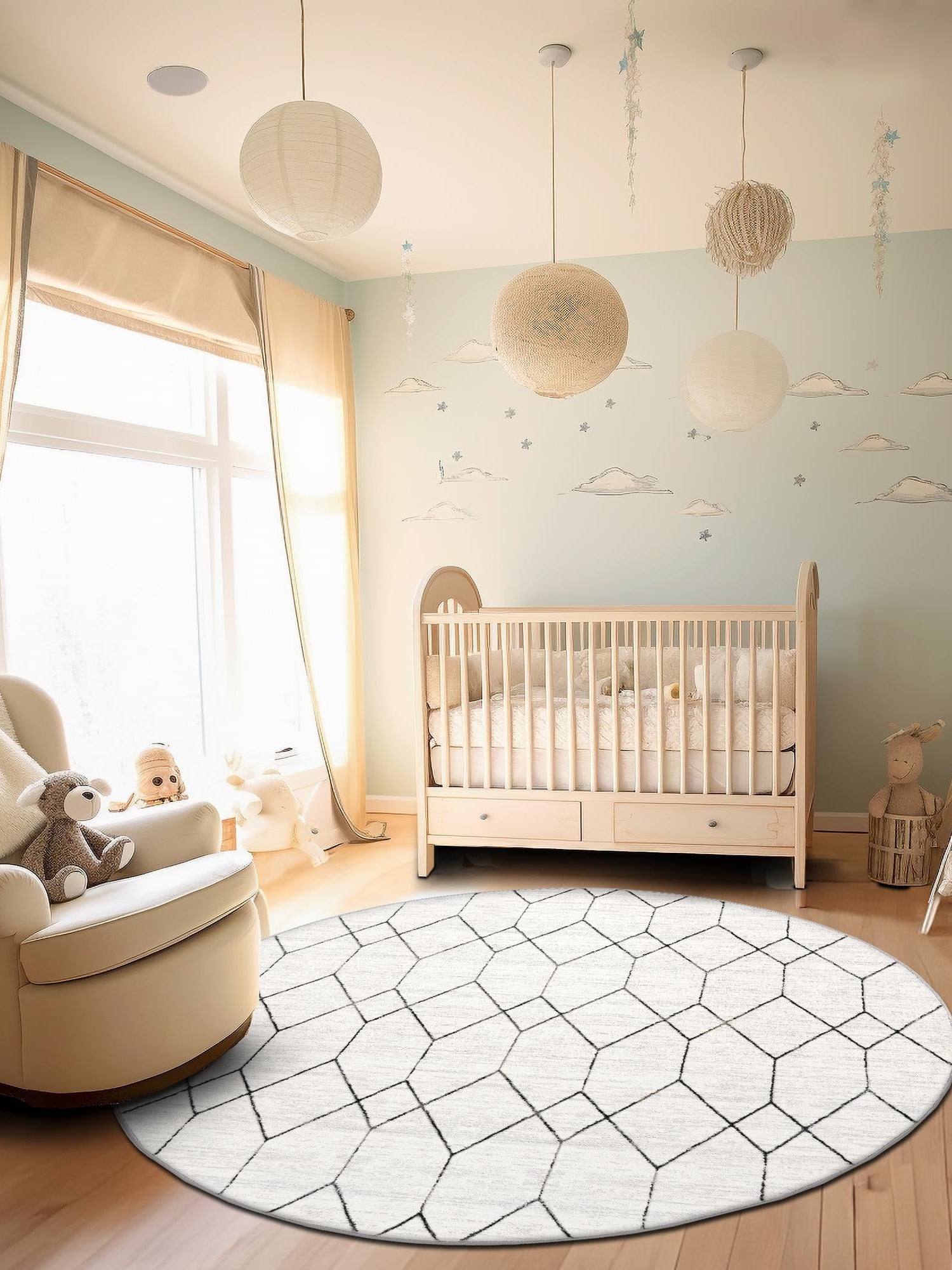 White 8' x 8' Matrix Trellis Round Area Rug 100% Polyester Geometric Pattern Modern Carpet for Living, Dining, Bedroom, Office for Sale at Rug Engine