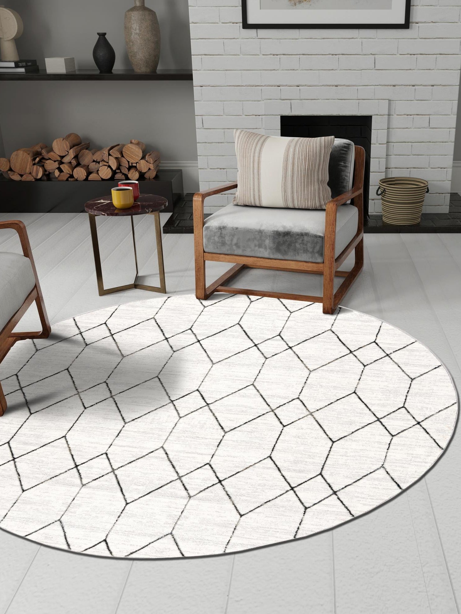 White 3' 3 x 3' 3 Matrix Trellis Round Area Rug 100% Polyester Geometric Pattern Modern Carpet for Living, Dining, Bedroom, Office for Sale at Rug Engine
