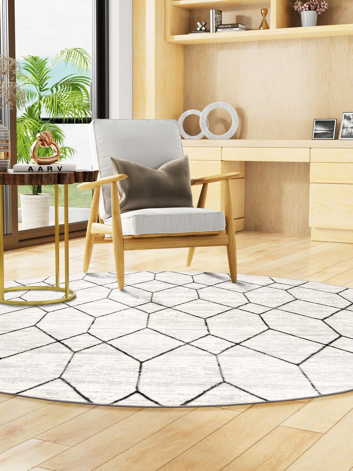 White 5' 1 x 5' 1 Matrix Trellis Round Area Rug 100% Polyester Geometric Pattern Modern Carpet for Living, Dining, Bedroom, Office for Sale at Rug Engine