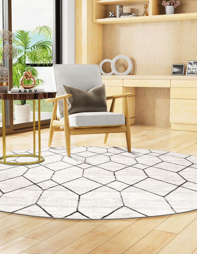 White 5' 1 x 5' 1 Matrix Trellis Round Area Rug 100% Polyester Geometric Pattern Modern Carpet for Living, Dining, Bedroom, Office for Sale at Rug Engine