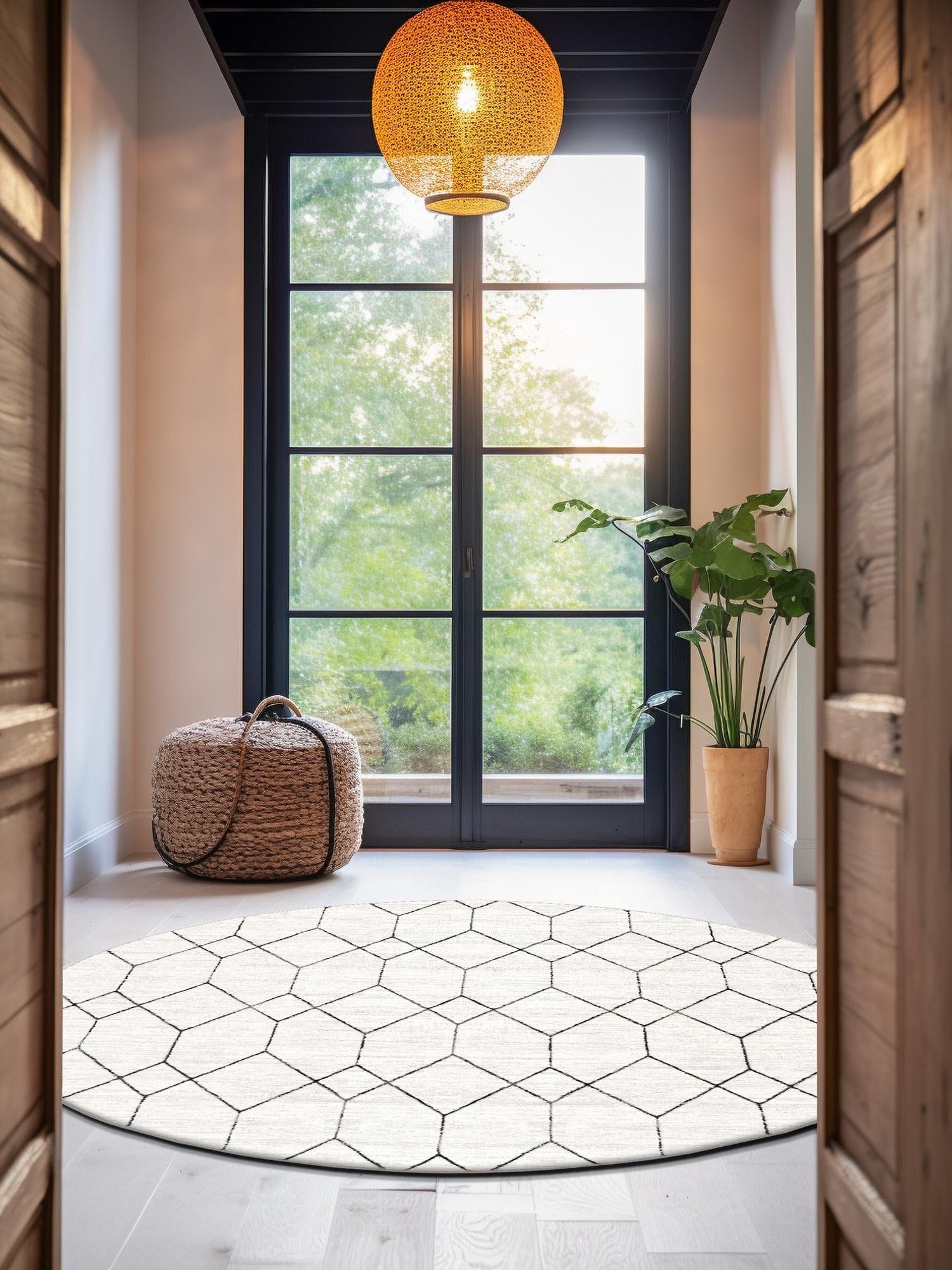 White 8' x 8' Matrix Trellis Round Area Rug 100% Polyester Geometric Pattern Modern Carpet for Living, Dining, Bedroom, Office for Sale at Rug Engine