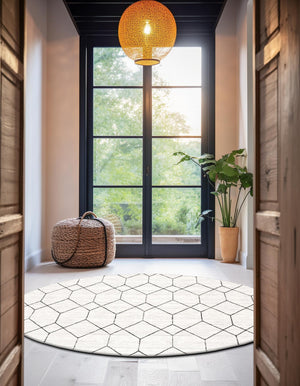 White 8' x 8' Matrix Trellis Round Area Rug 100% Polyester Geometric Pattern Modern Carpet for Living, Dining, Bedroom, Office for Sale at Rug Engine