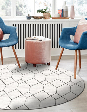 White 3' 3 x 3' 3 Matrix Trellis Round Area Rug 100% Polyester Geometric Pattern Modern Carpet for Living, Dining, Bedroom, Office for Sale at Rug Engine