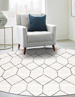 White 3' 3 x 3' 3 Matrix Trellis Round Area Rug 100% Polyester Geometric Pattern Modern Carpet for Living, Dining, Bedroom, Office for Sale at Rug Engine