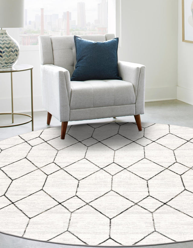 White 3' 3 x 3' 3 Matrix Trellis Round Area Rug 100% Polyester Geometric Pattern Modern Carpet for Living, Dining, Bedroom, Office for Sale at Rug Engine