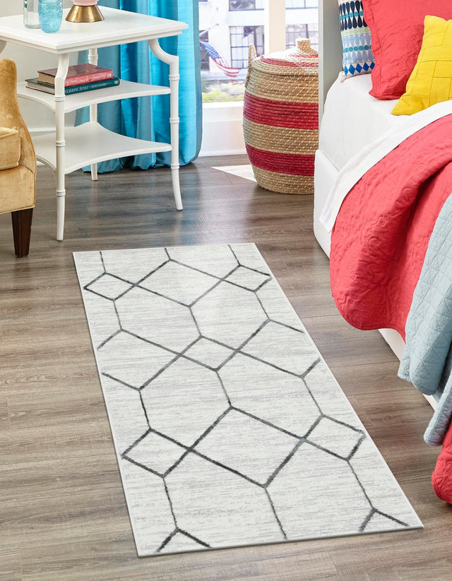 White 3' x 10' Matrix Trellis Runner Area Rug 100% Polyester Geometric Pattern Modern Carpet for Living, Dining, Bedroom, Office for Sale at Rug Engine
