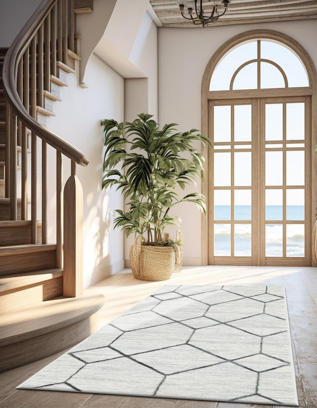 White 3' x 10' Matrix Trellis Runner Area Rug 100% Polyester Geometric Pattern Modern Carpet for Living, Dining, Bedroom, Office for Sale at Rug Engine