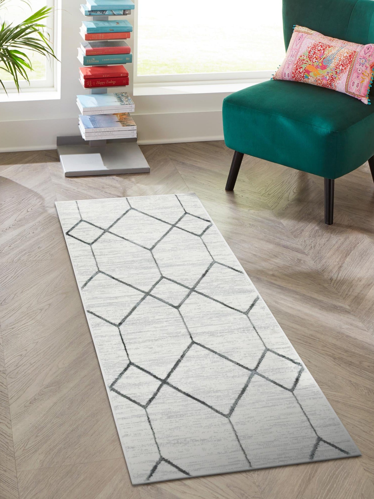 White 2' x 6' 1 Matrix Trellis Runner Area Rug 100% Polyester Geometric Pattern Modern Carpet for Living, Dining, Bedroom, Office for Sale at Rug Engine