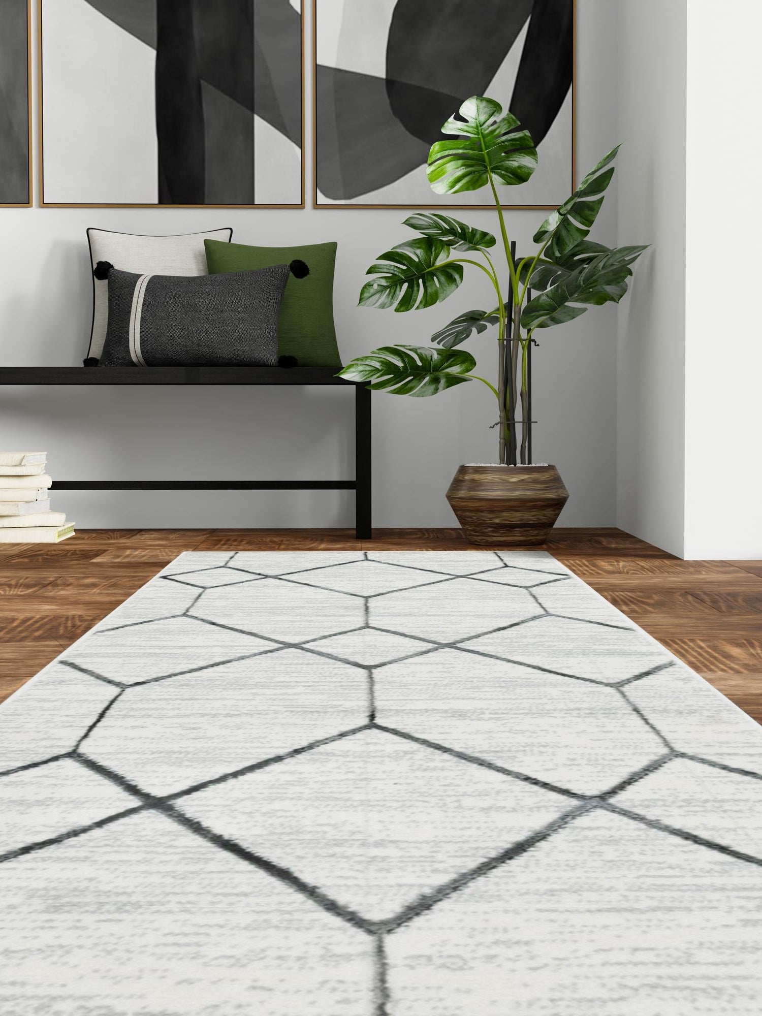 White 2' x 6' 1 Matrix Trellis Runner Area Rug 100% Polyester Geometric Pattern Modern Carpet for Living, Dining, Bedroom, Office for Sale at Rug Engine