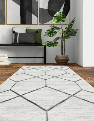 White 2' 11 x 19' 8 Matrix Trellis Runner Area Rug 100% Polyester Geometric Pattern Modern Carpet for Living, Dining, Bedroom, Office for Sale at Rug Engine