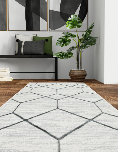 White 2' 11 x 19' 8 Matrix Trellis Runner Area Rug 100% Polyester Geometric Pattern Modern Carpet for Living, Dining, Bedroom, Office for Sale at Rug Engine