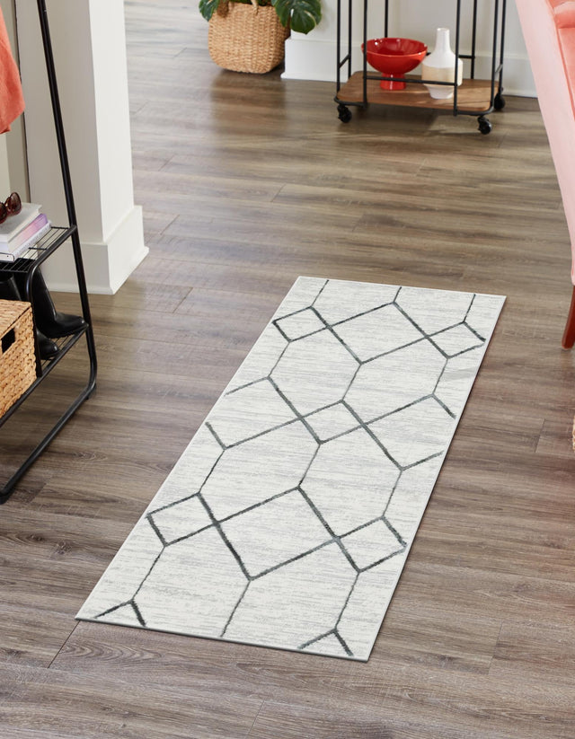 White 3' x 10' Matrix Trellis Runner Area Rug 100% Polyester Geometric Pattern Modern Carpet for Living, Dining, Bedroom, Office for Sale at Rug Engine